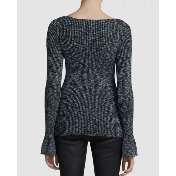 Theory Women’s SIZE P Cabled Print RibbedBoatneck Sweater with Bell Sleeves - Picture 2 of 15